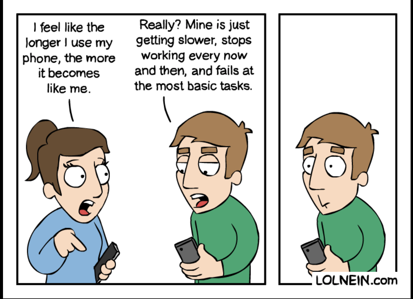Two people discussing their phones, and how they get slower over time, just like themselves.